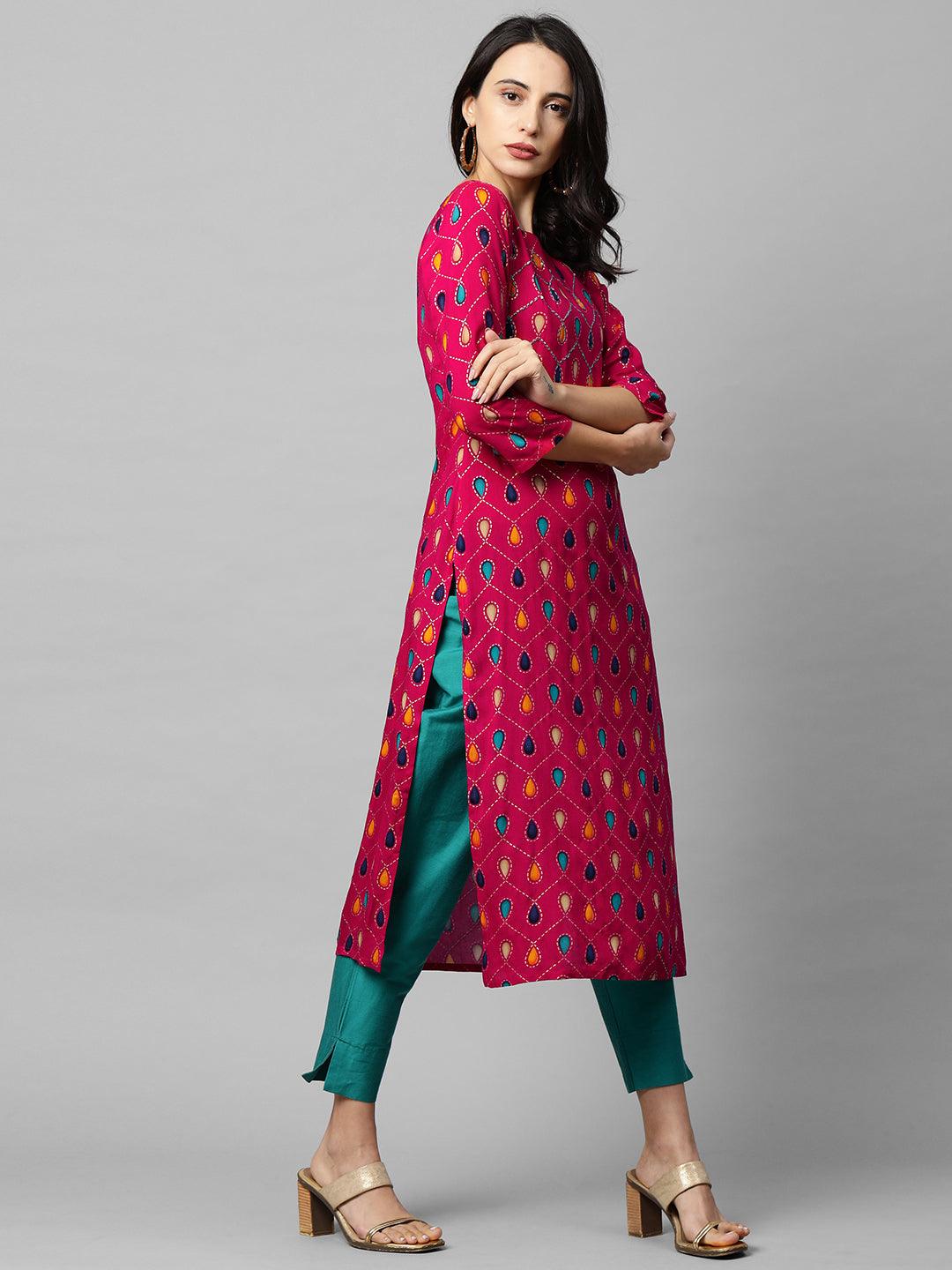 Ethnic Printed & Embroidered Straight Kurta - Pink - Indiakreations