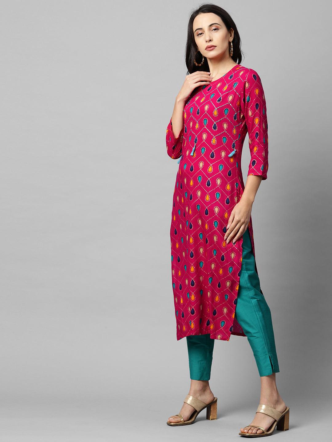 Ethnic Printed & Embroidered Straight Kurta - Pink - Indiakreations