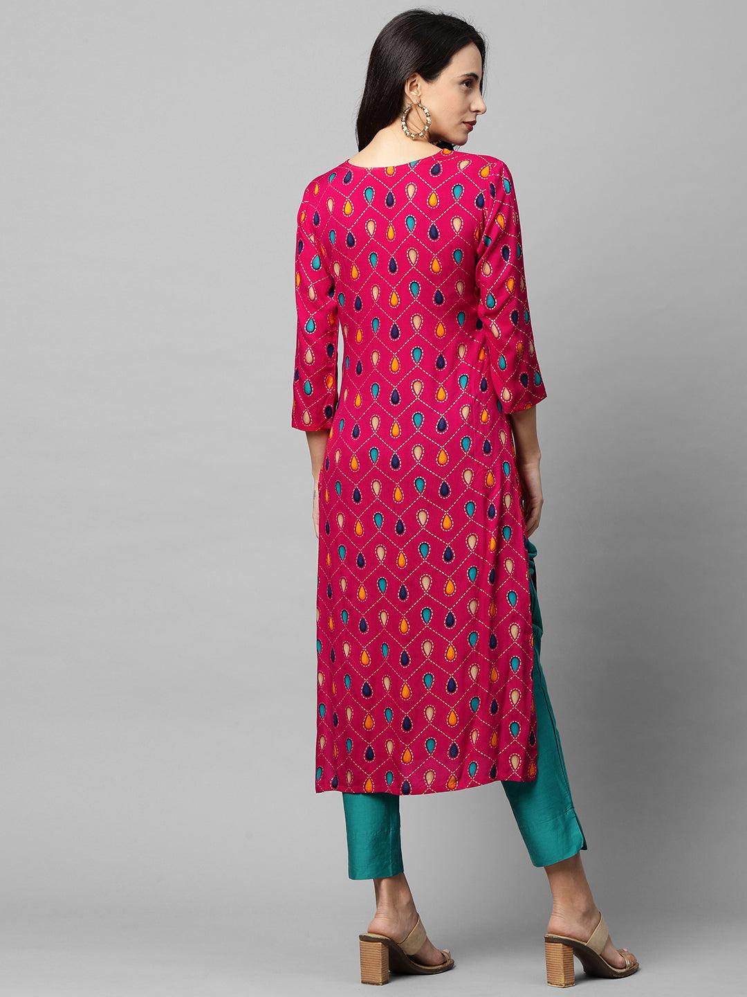 Ethnic Printed & Embroidered Straight Kurta - Pink - Indiakreations