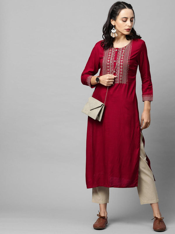 Ethnic Embroidered Yoke straight Kurta - Maroon - Indiakreations