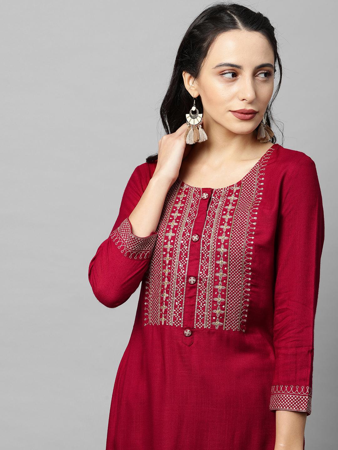 Ethnic Embroidered Yoke straight Kurta - Maroon - Indiakreations