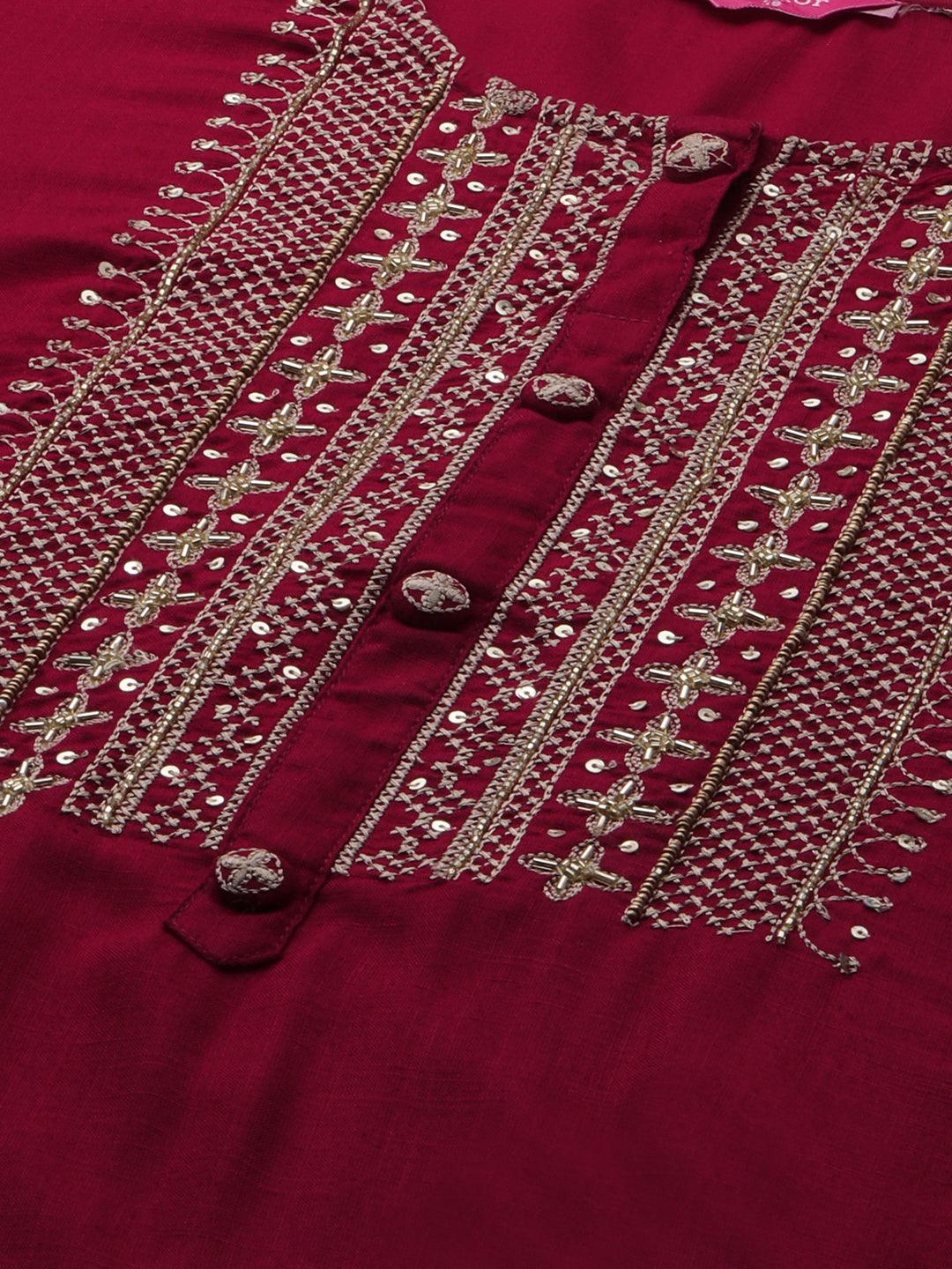 Ethnic Embroidered Yoke straight Kurta - Maroon - Indiakreations