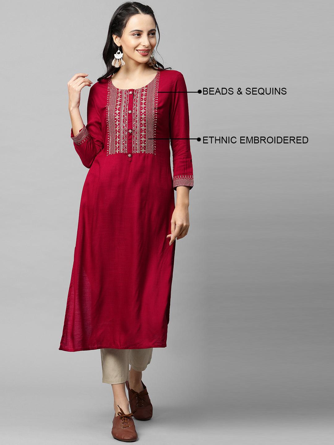 Ethnic Embroidered Yoke straight Kurta - Maroon - Indiakreations