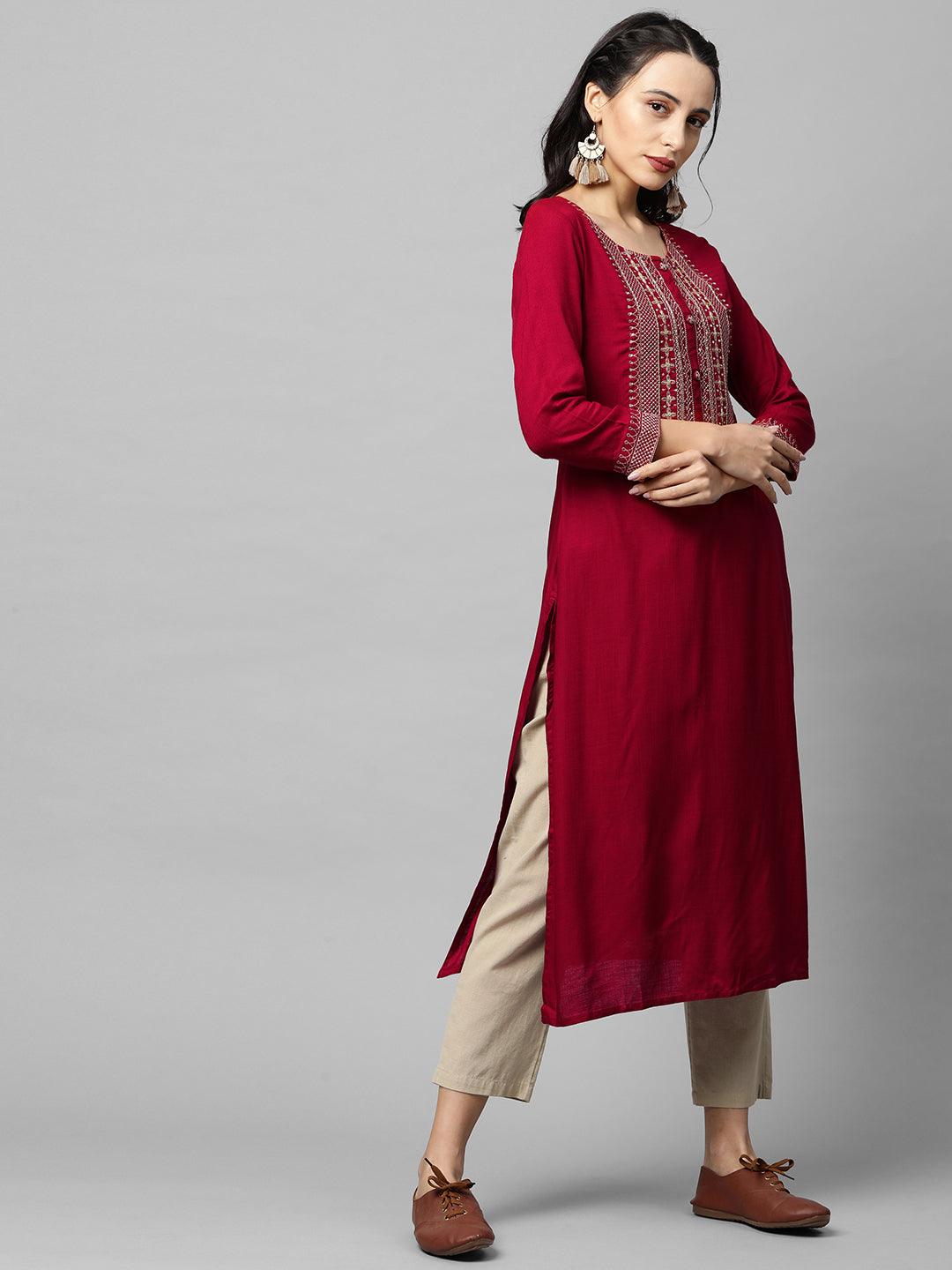 Ethnic Embroidered Yoke straight Kurta - Maroon - Indiakreations