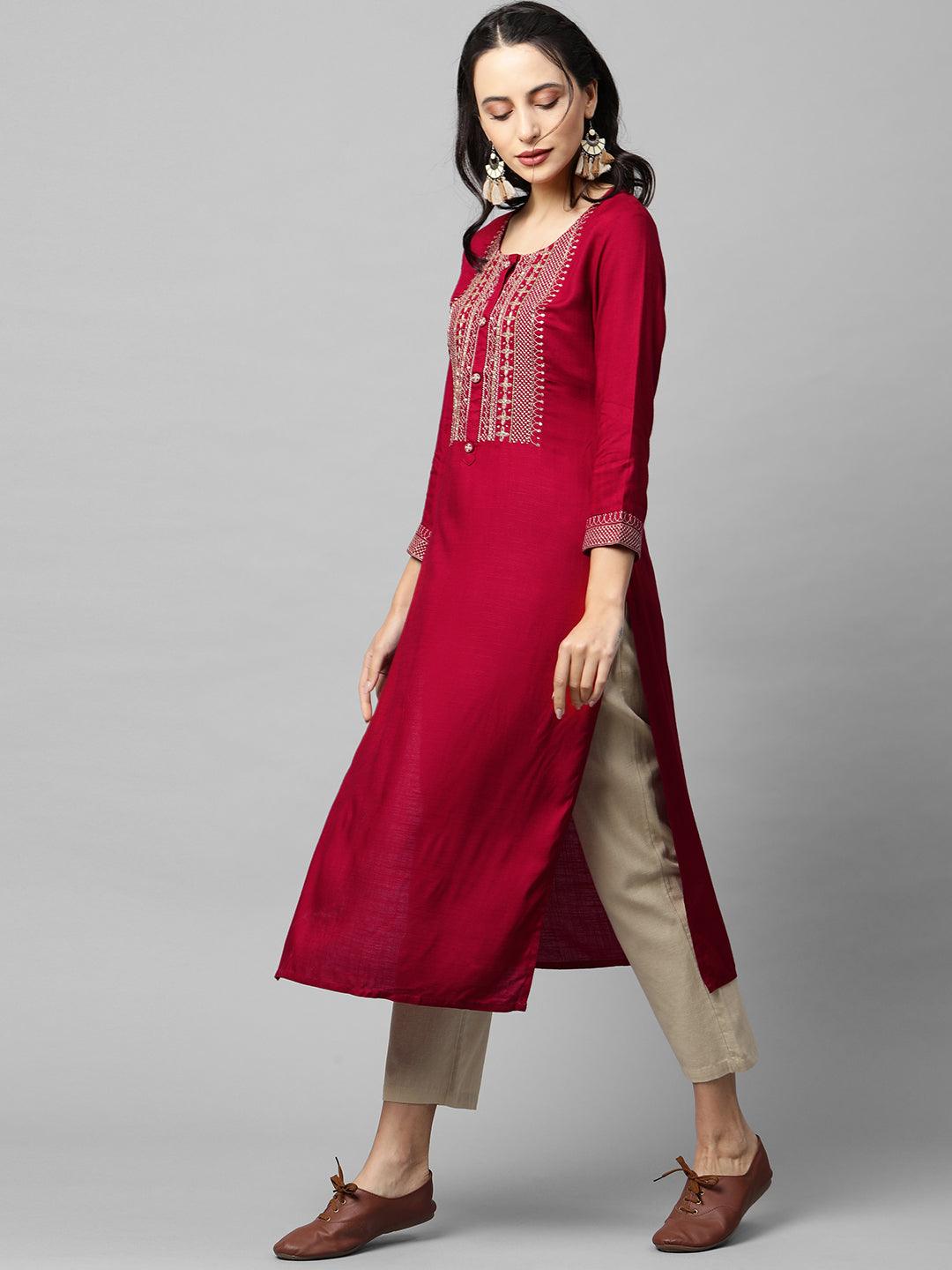 Ethnic Embroidered Yoke straight Kurta - Maroon - Indiakreations