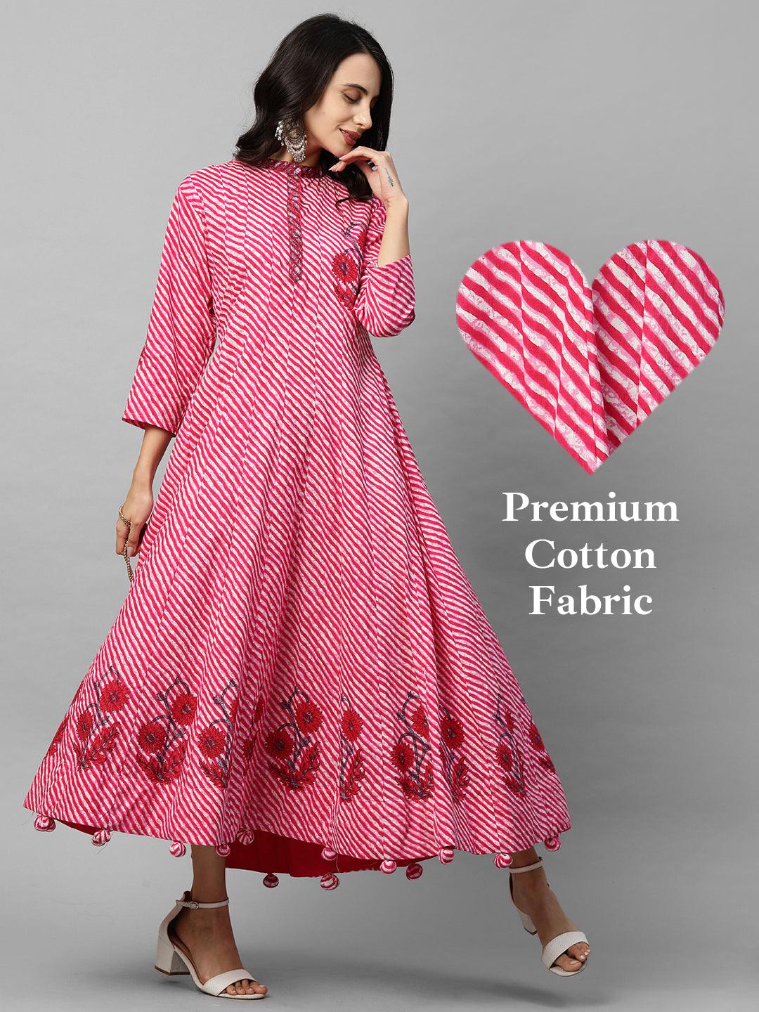 Bandhani & Floral Printed Flare Maxi with 2-Ply Mask - Pink - Indiakreations