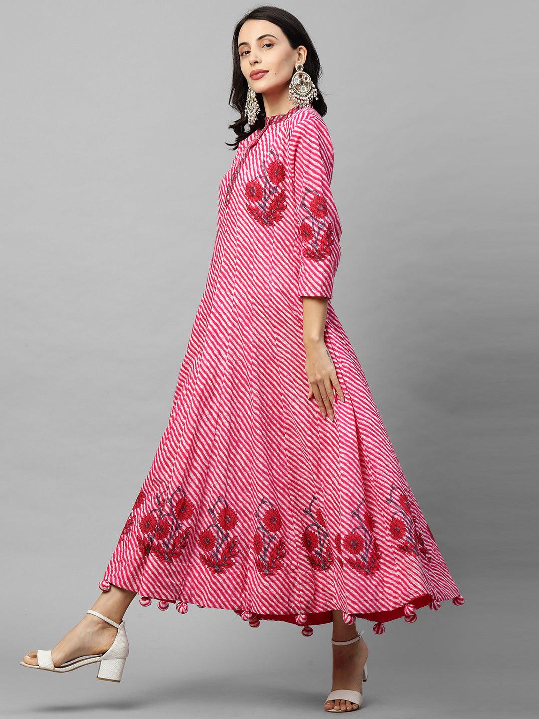 Bandhani & Floral Printed Flare Maxi with 2-Ply Mask - Pink - Indiakreations