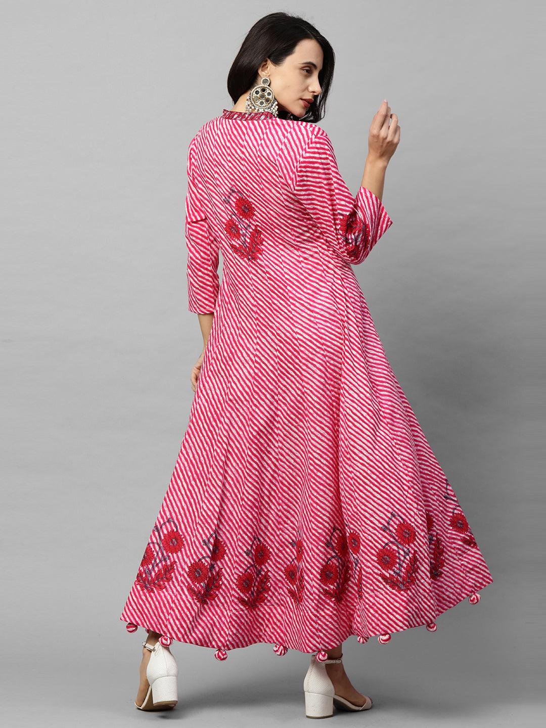 Bandhani & Floral Printed Flare Maxi with 2-Ply Mask - Pink - Indiakreations