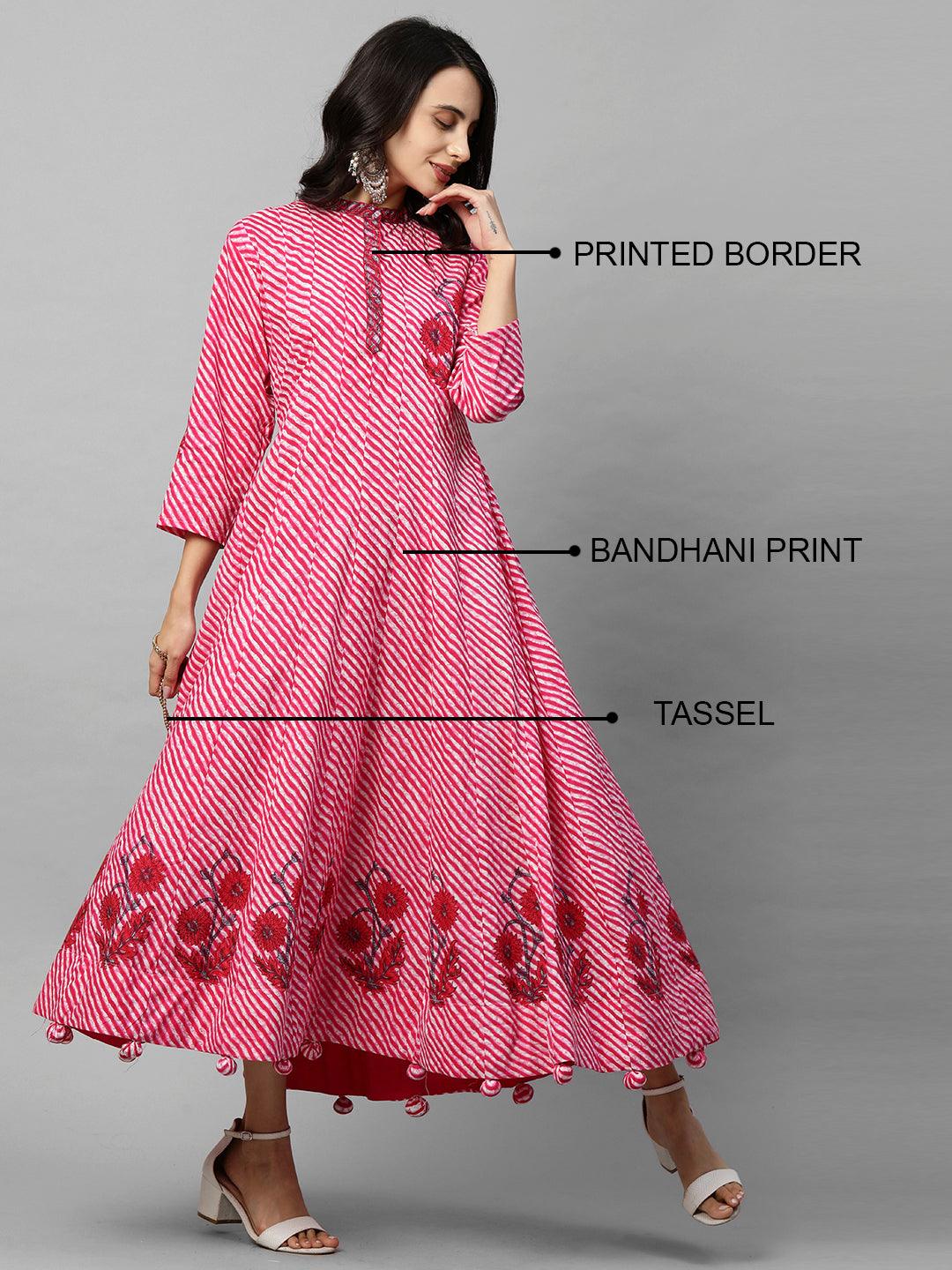 Bandhani & Floral Printed Flare Maxi with 2-Ply Mask - Pink - Indiakreations