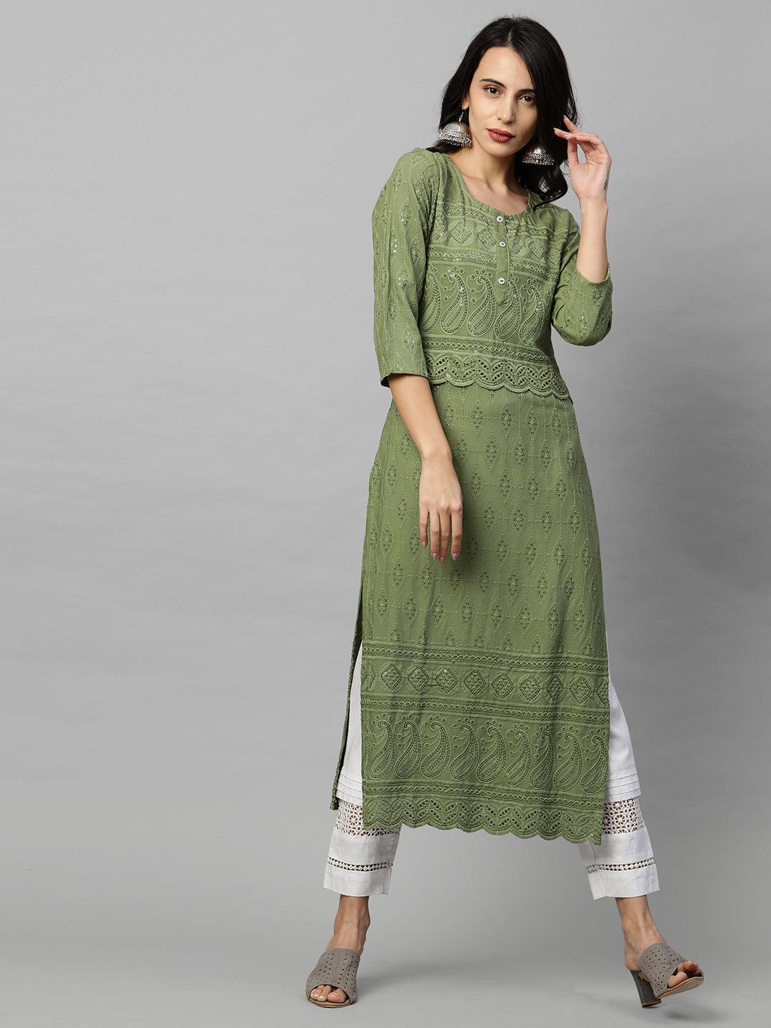 Intricate Chikankari Embroidered Straight Kurta with 2-Ply Mask - Olive Green - Indiakreations