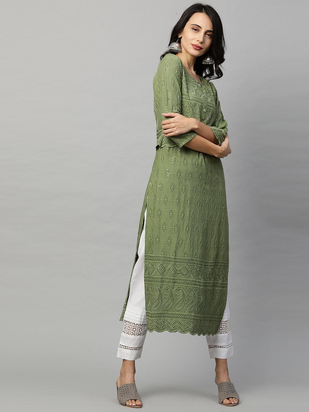 Intricate Chikankari Embroidered Straight Kurta with 2-Ply Mask - Olive Green - Indiakreations