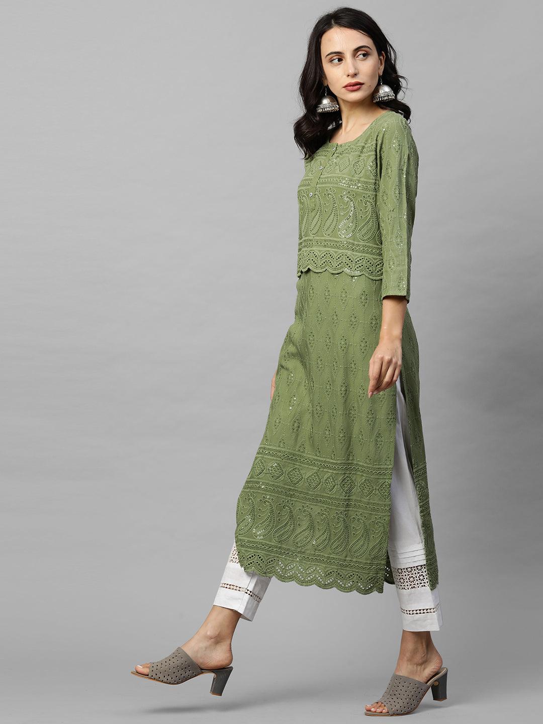 Intricate Chikankari Embroidered Straight Kurta with 2-Ply Mask - Olive Green - Indiakreations