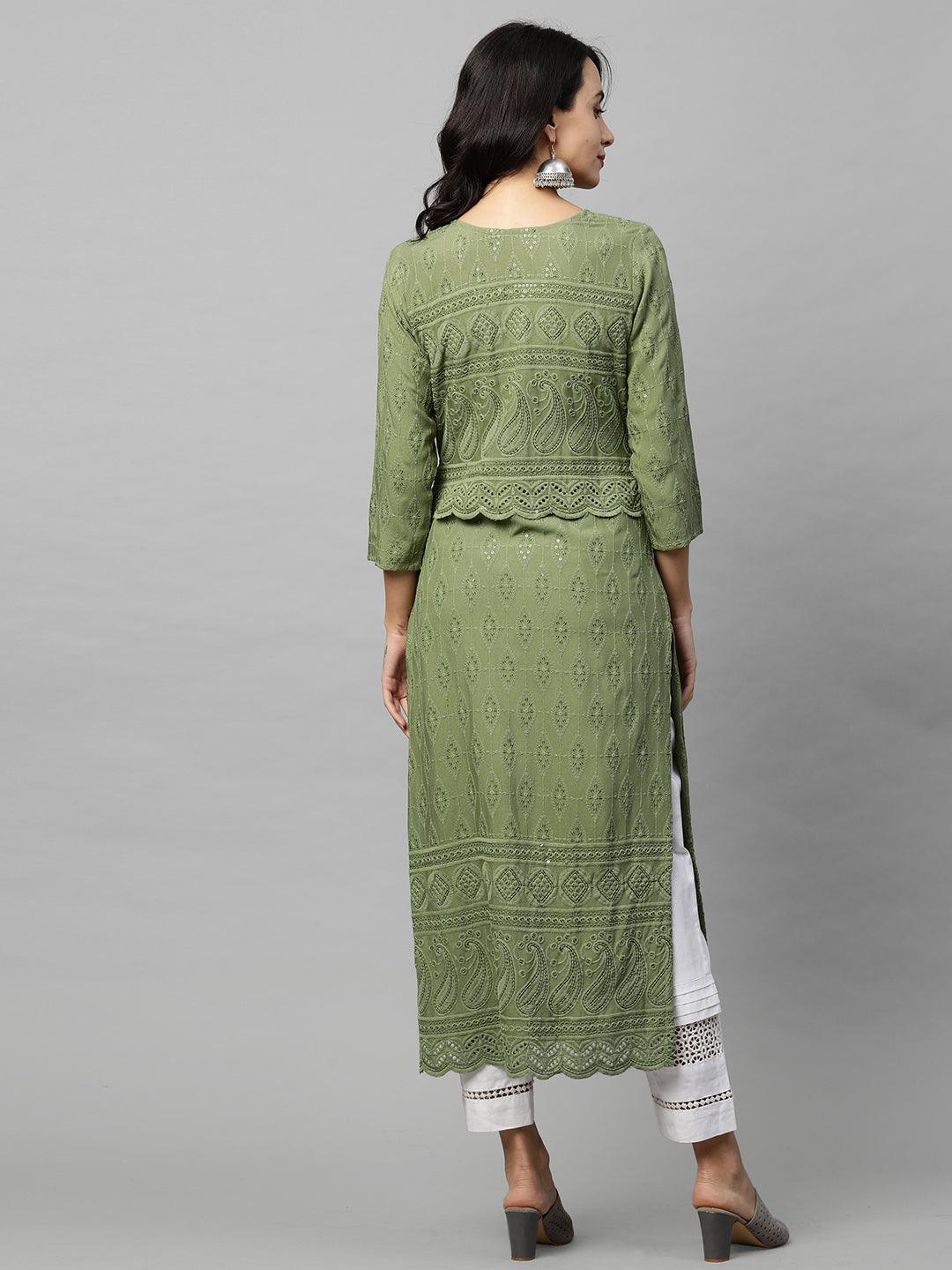 Intricate Chikankari Embroidered Straight Kurta with 2-Ply Mask - Olive Green - Indiakreations