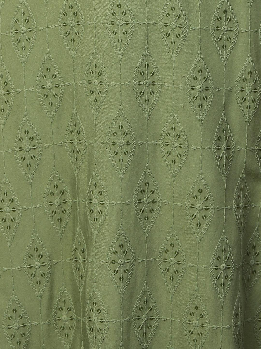 Intricate Chikankari Embroidered Straight Kurta with 2-Ply Mask - Olive Green - Indiakreations