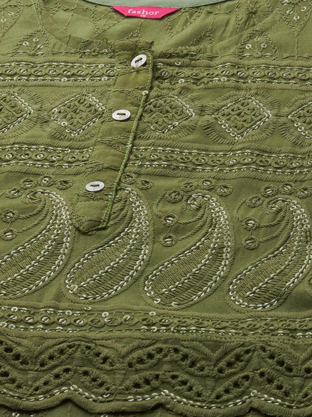 Intricate Chikankari Embroidered Straight Kurta with 2-Ply Mask - Olive Green - Indiakreations