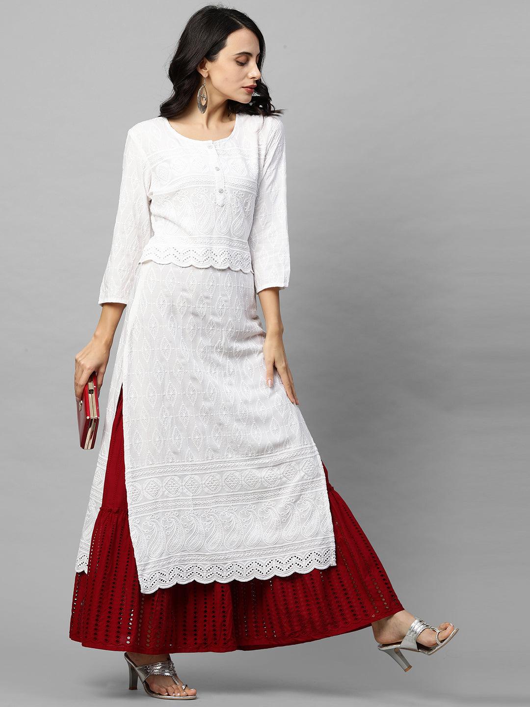 Intricate Chikankari Embroidered Straight Kurta with 2-Ply Mask - White - Indiakreations