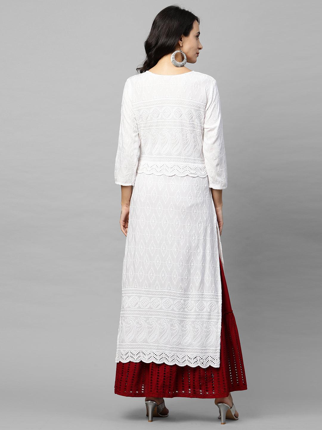 Intricate Chikankari Embroidered Straight Kurta with 2-Ply Mask - White - Indiakreations