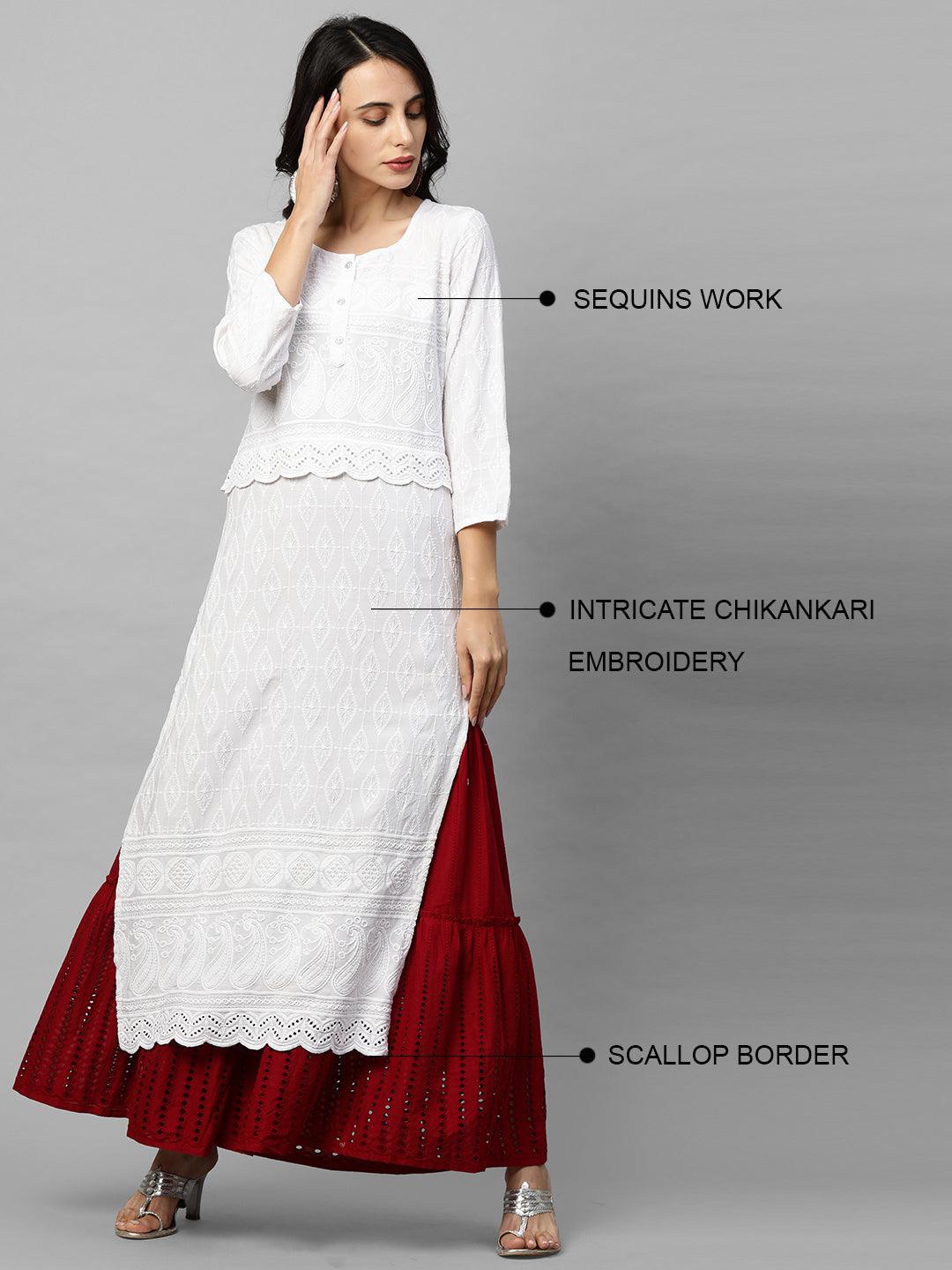 Intricate Chikankari Embroidered Straight Kurta with 2-Ply Mask - White - Indiakreations