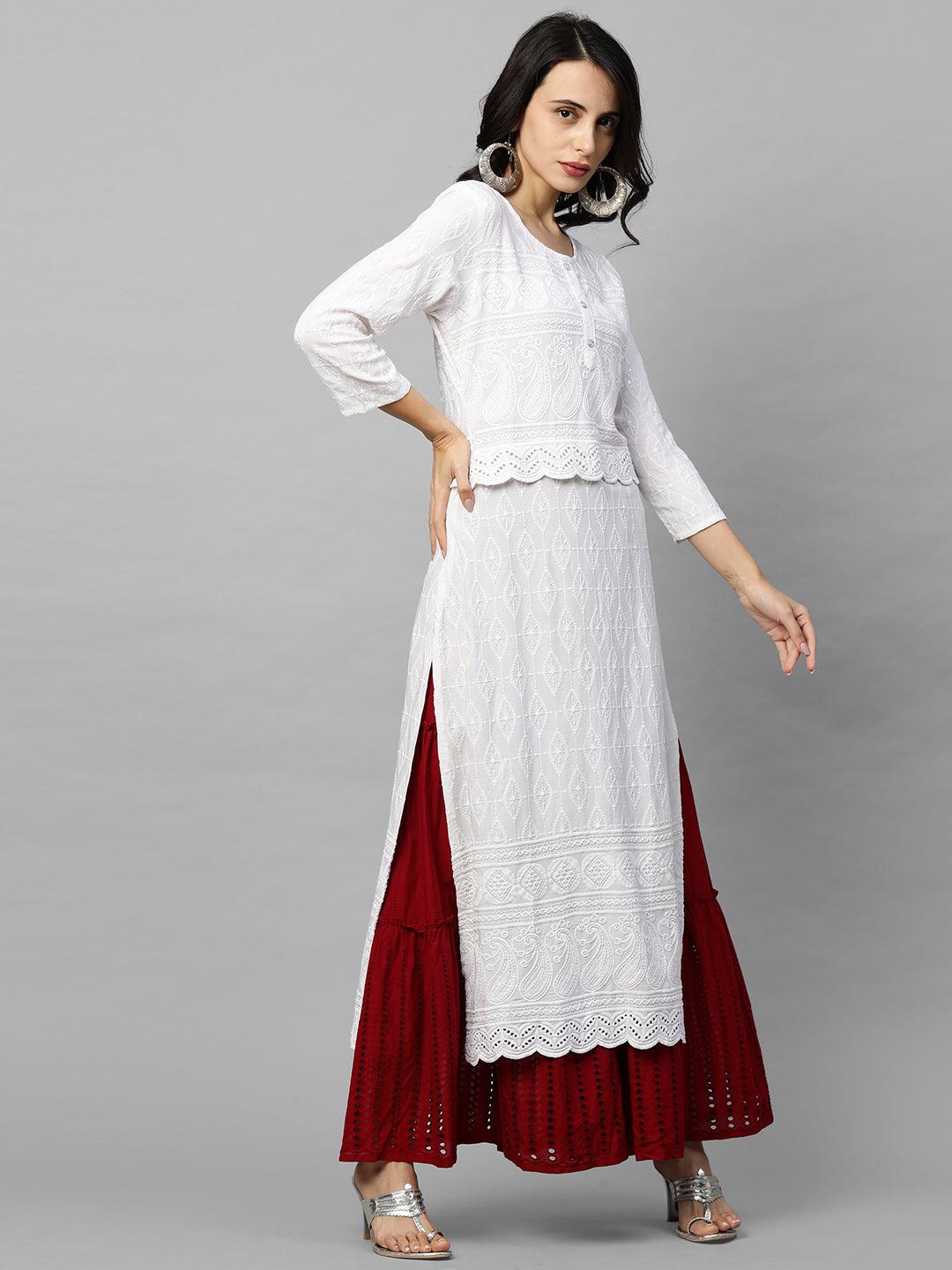 Intricate Chikankari Embroidered Straight Kurta with 2-Ply Mask - White - Indiakreations