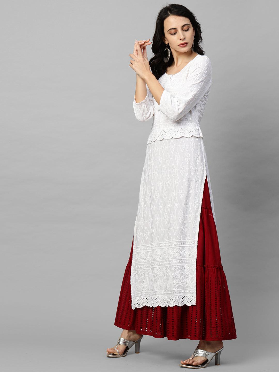 Intricate Chikankari Embroidered Straight Kurta with 2-Ply Mask - White - Indiakreations