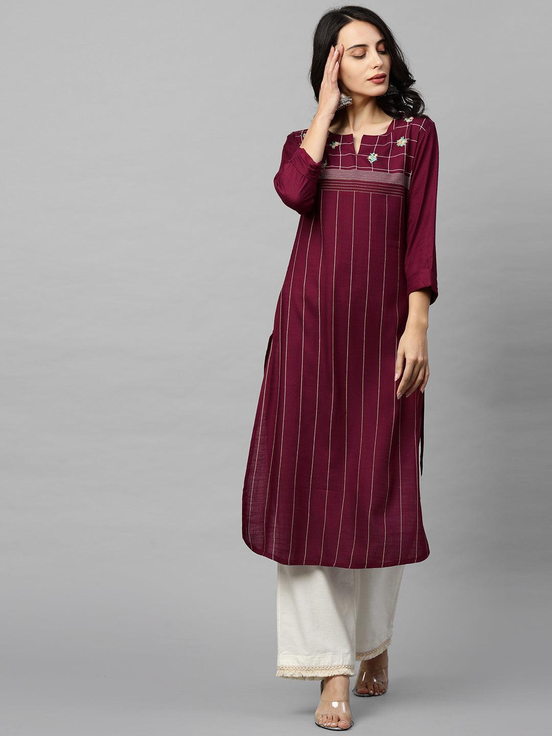 Ethnic Printed & Floral Embroidered Straight Kurta - Wine - Indiakreations