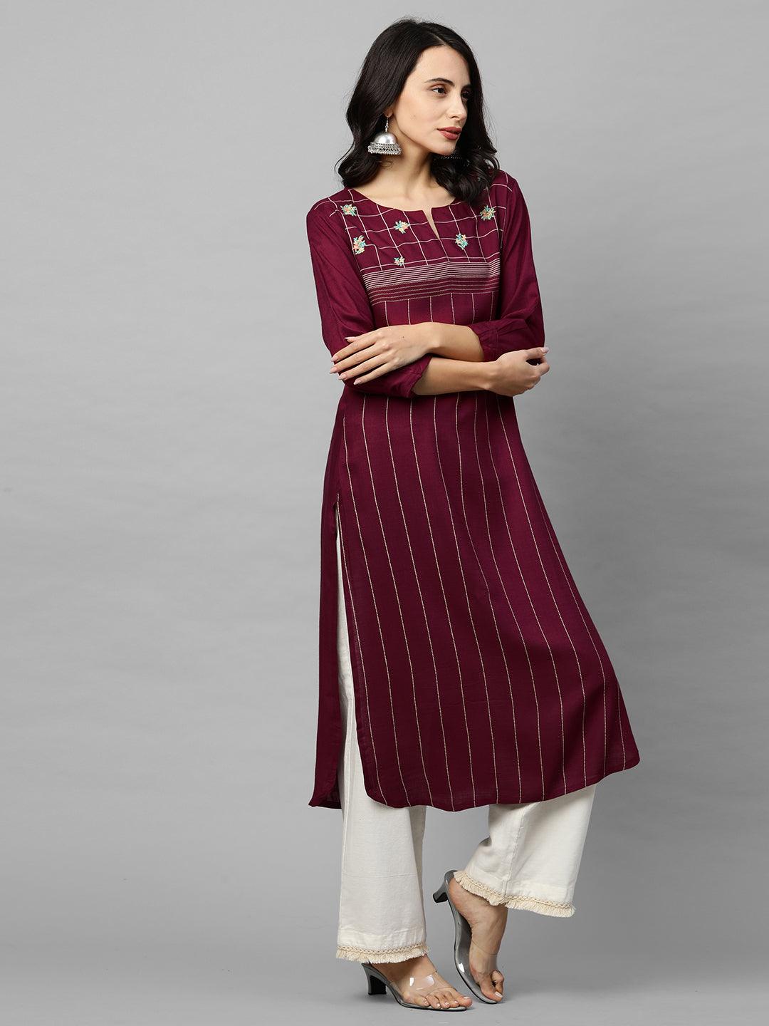 Ethnic Printed & Floral Embroidered Straight Kurta - Wine - Indiakreations