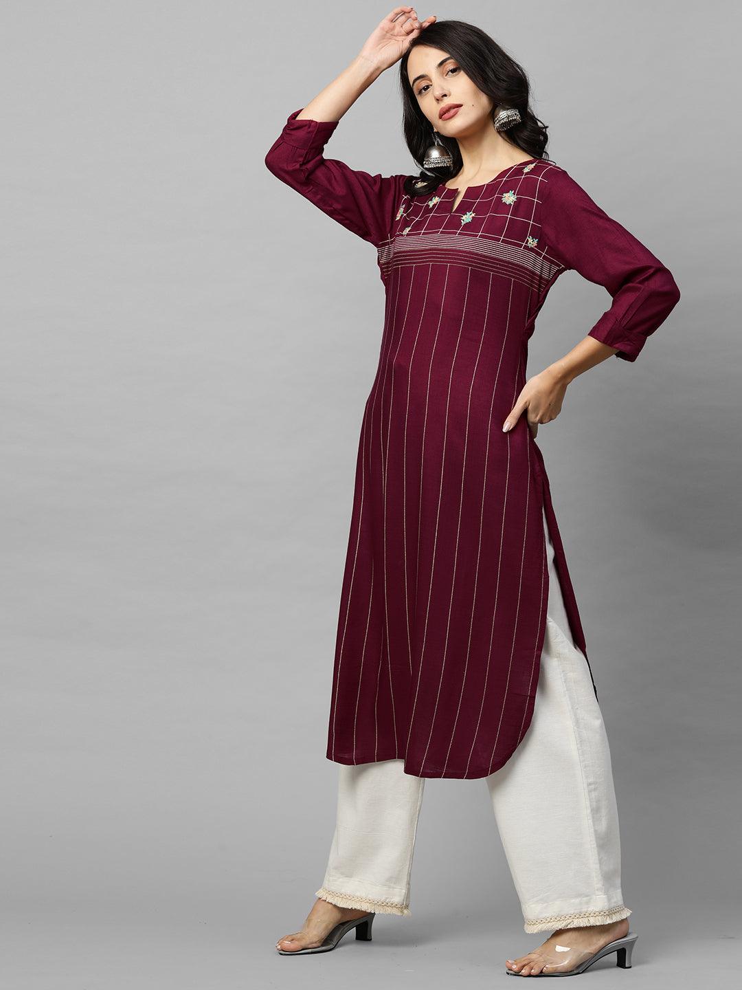 Ethnic Printed & Floral Embroidered Straight Kurta - Wine - Indiakreations