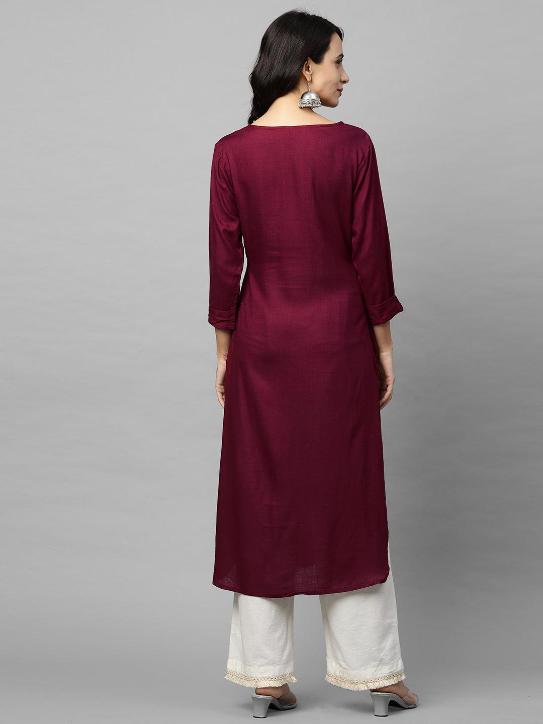 Ethnic Printed & Floral Embroidered Straight Kurta - Wine - Indiakreations