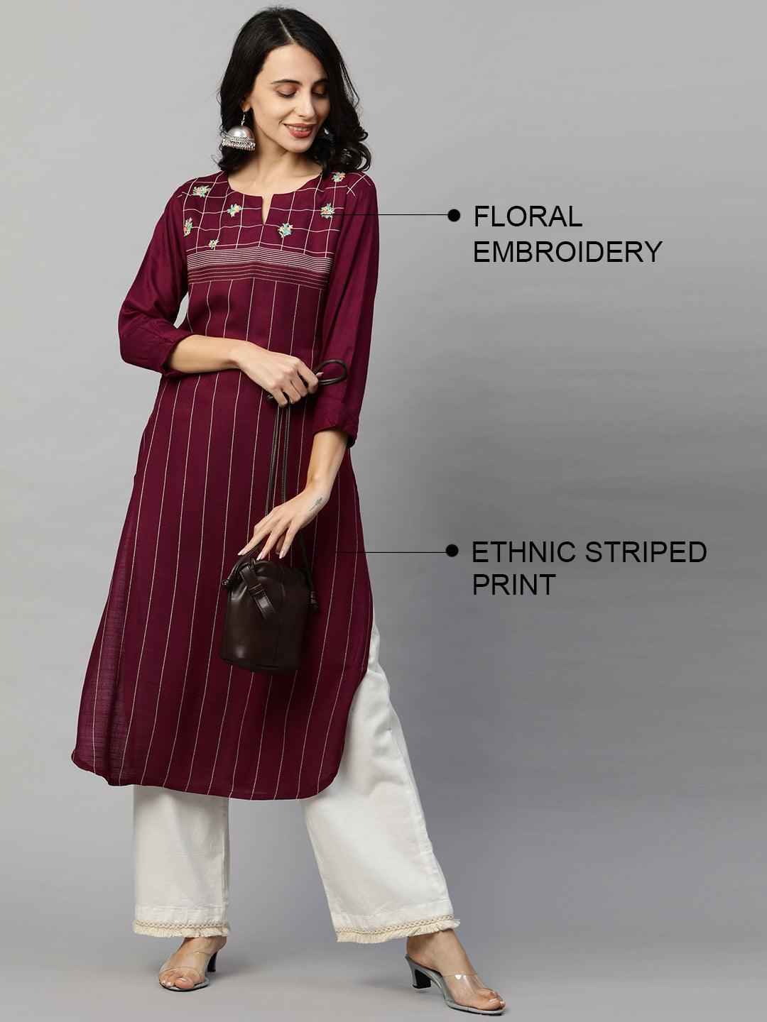 Ethnic Printed & Floral Embroidered Straight Kurta - Wine - Indiakreations