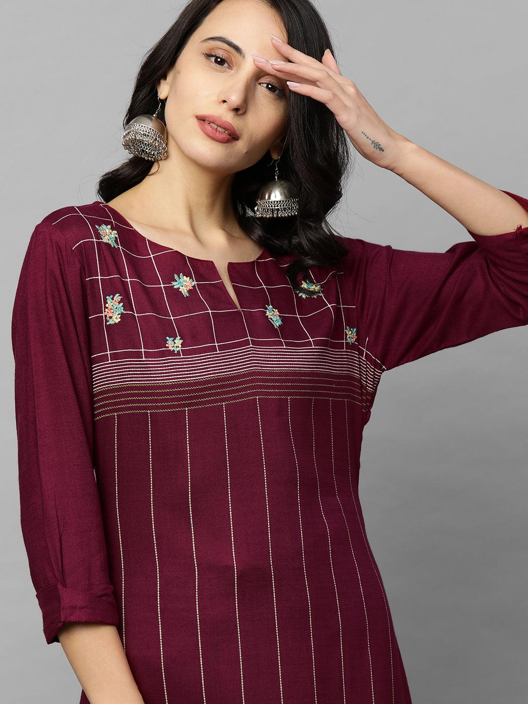 Ethnic Printed & Floral Embroidered Straight Kurta - Wine - Indiakreations