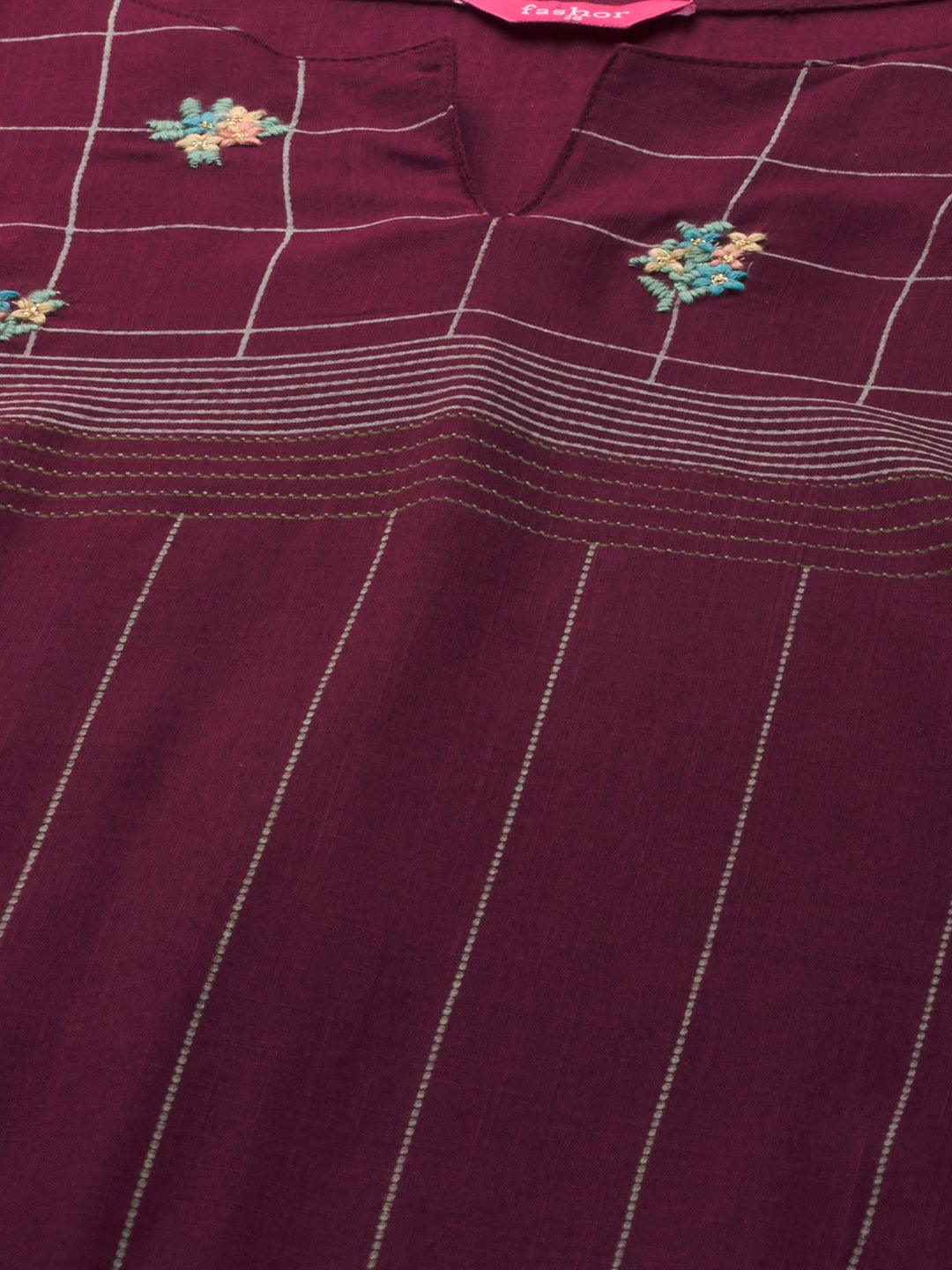 Ethnic Printed & Floral Embroidered Straight Kurta - Wine - Indiakreations