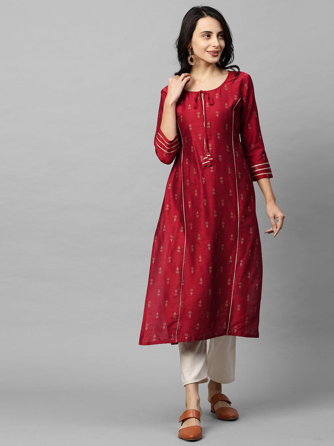 Ethnic Foil Printed & Gota Embroidered Kurta - Maroon - Indiakreations