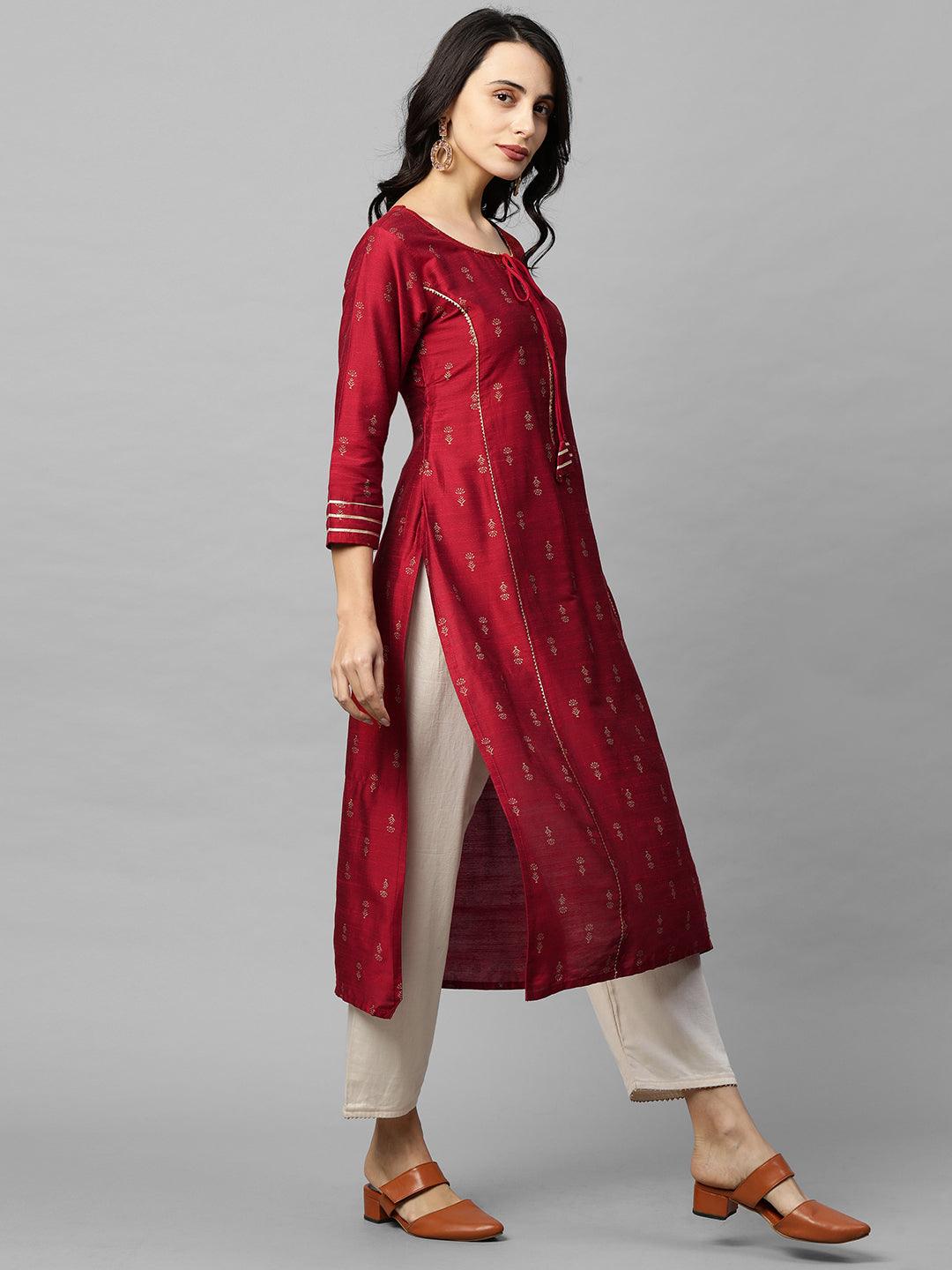 Ethnic Foil Printed & Gota Embroidered Kurta - Maroon - Indiakreations