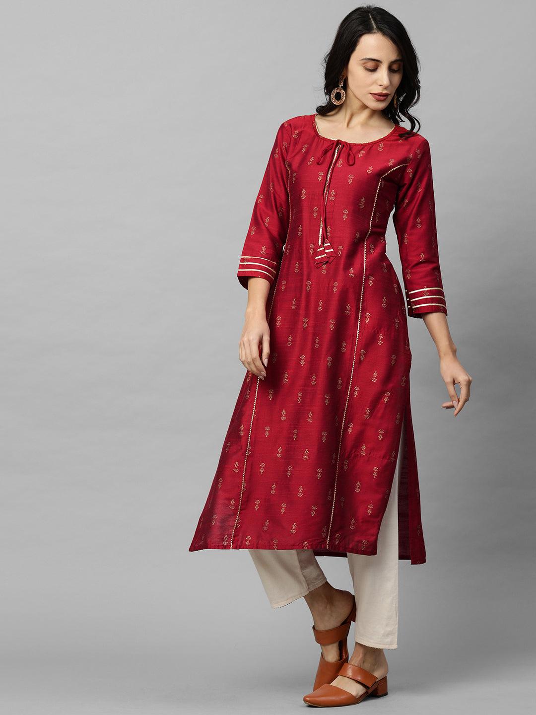 Ethnic Foil Printed & Gota Embroidered Kurta - Maroon - Indiakreations