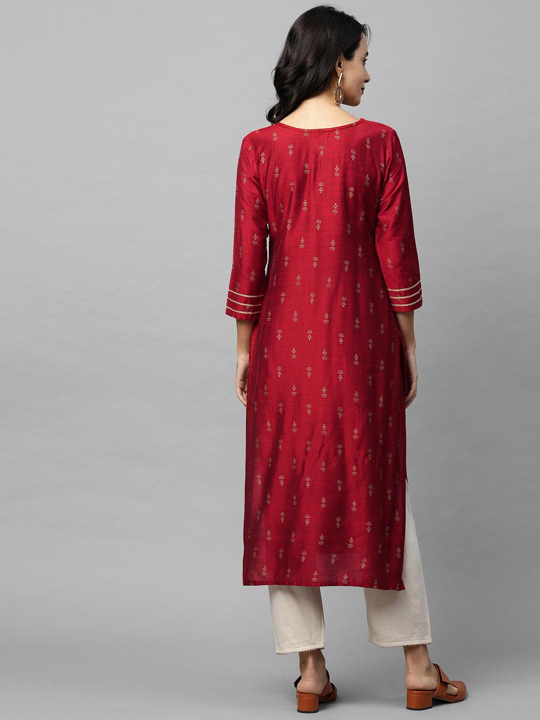 Ethnic Foil Printed & Gota Embroidered Kurta - Maroon - Indiakreations