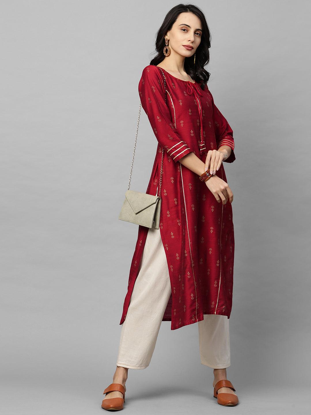 Ethnic Foil Printed & Gota Embroidered Kurta - Maroon - Indiakreations