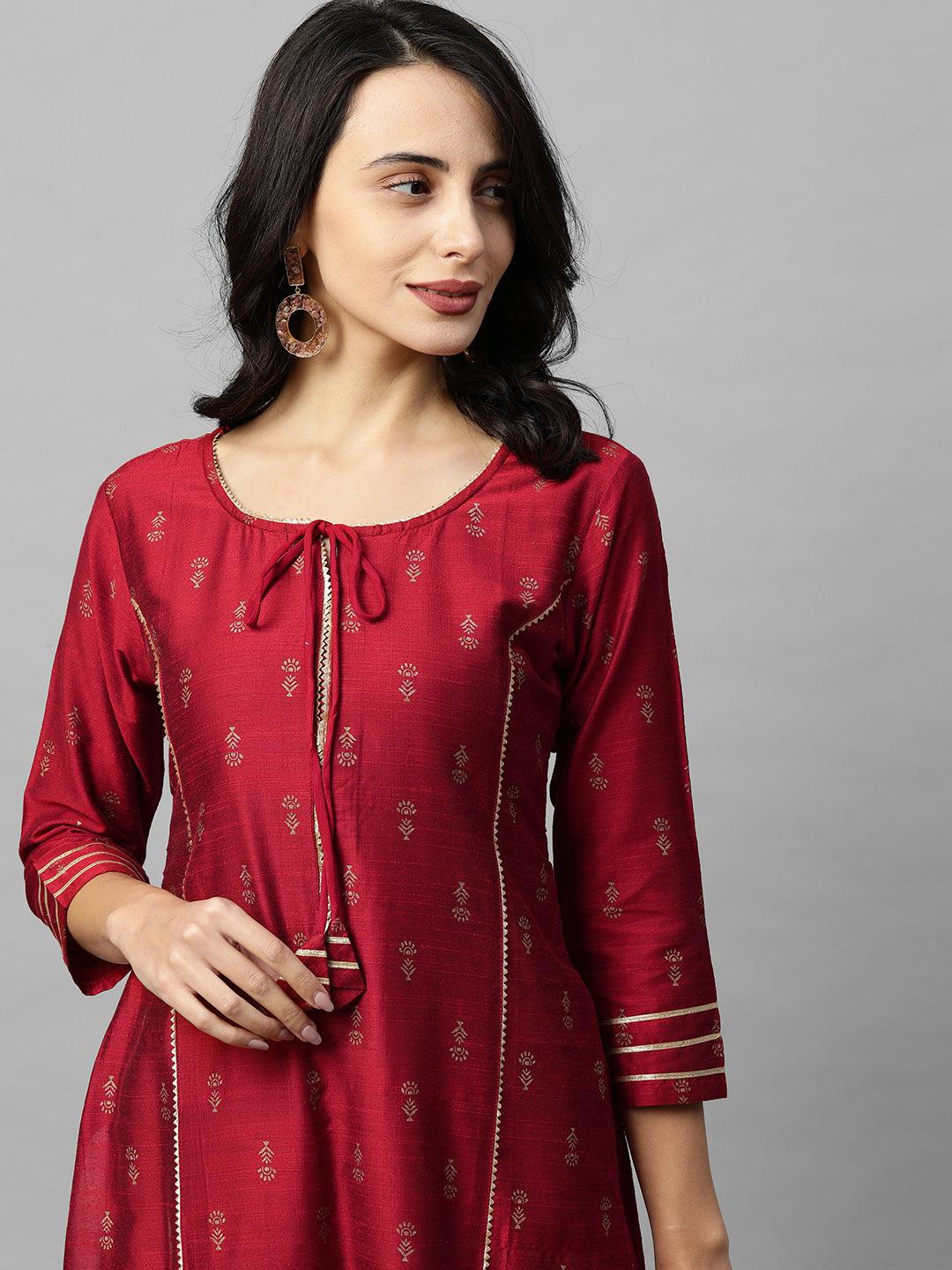 Ethnic Foil Printed & Gota Embroidered Kurta - Maroon - Indiakreations