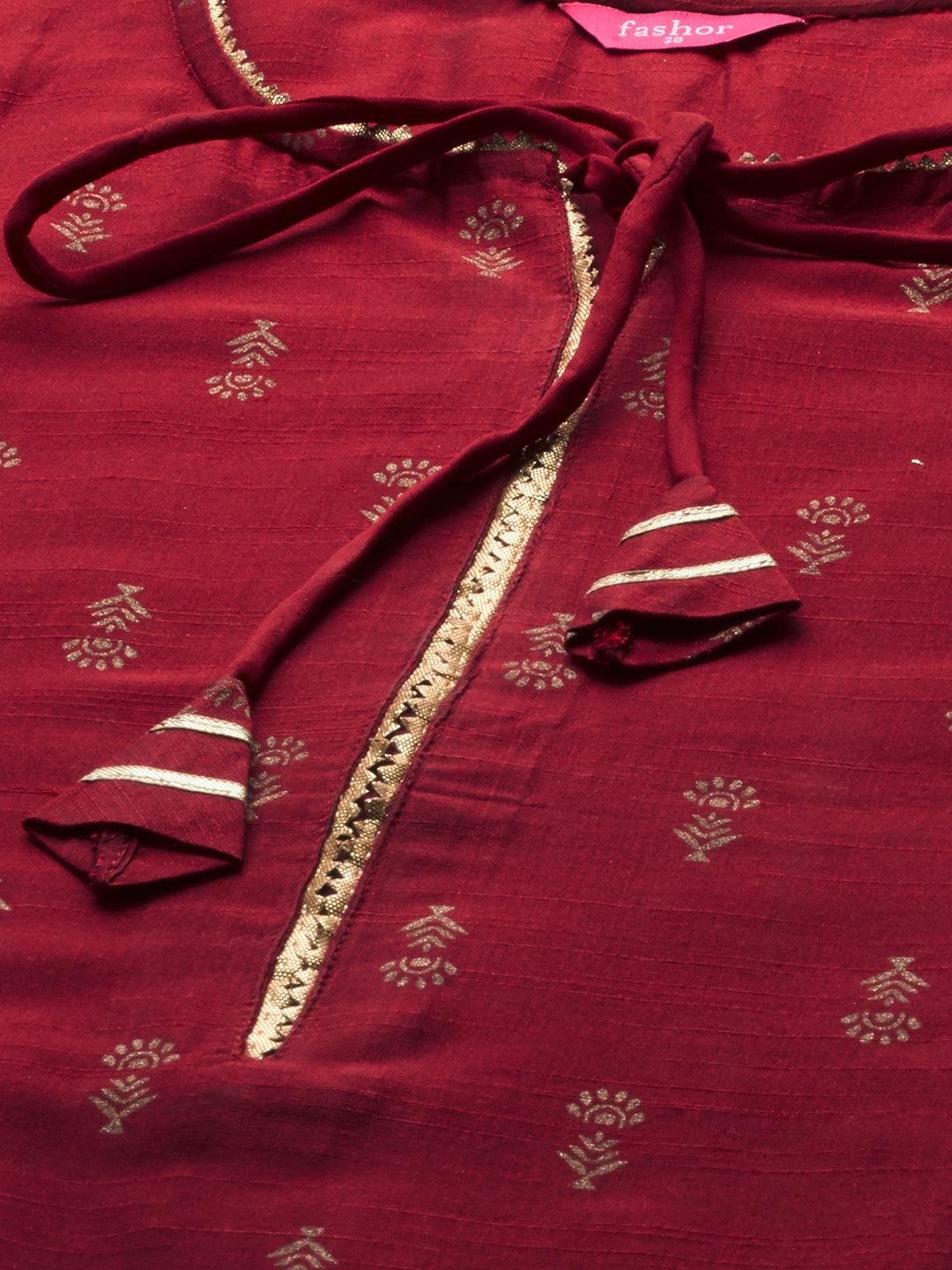 Ethnic Foil Printed & Gota Embroidered Kurta - Maroon - Indiakreations