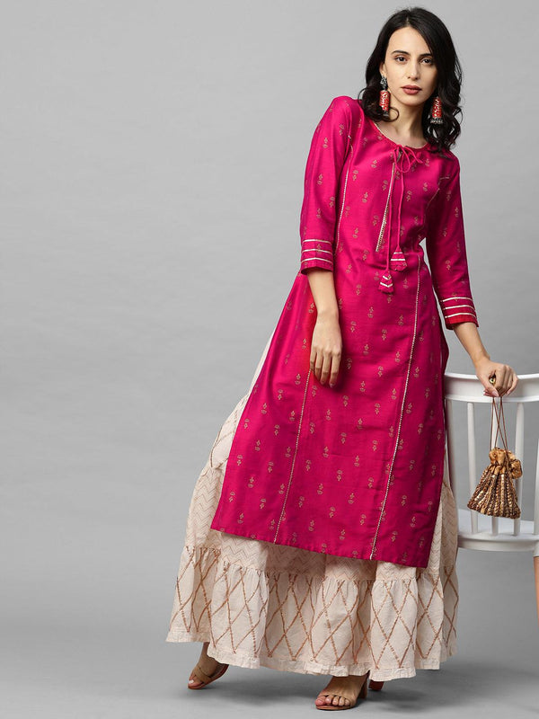 Ethnic Foil Printed & Gota Embroidered Kurta - Magenta Pink - Indiakreations