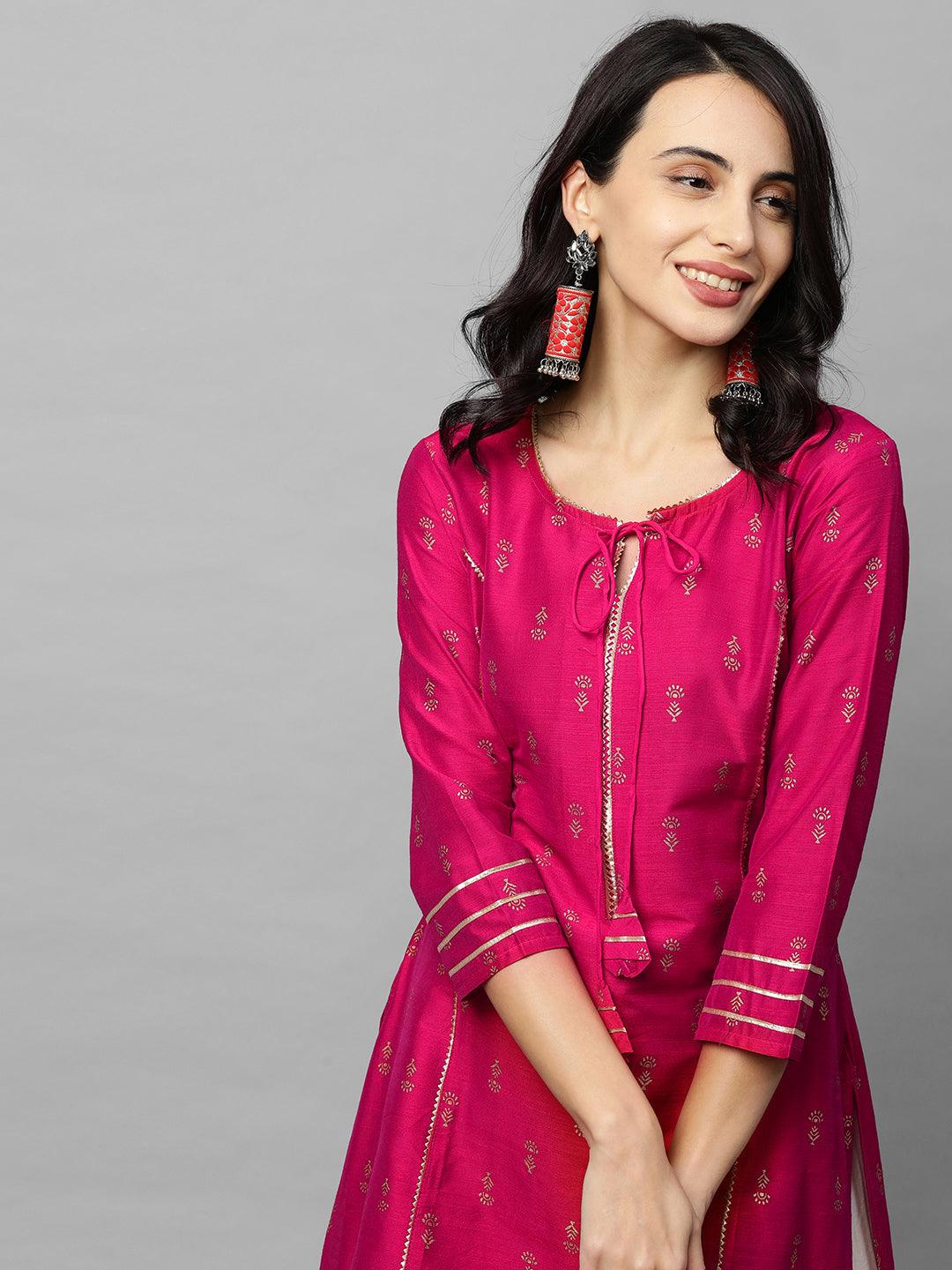 Ethnic Foil Printed & Gota Embroidered Kurta - Magenta Pink - Indiakreations