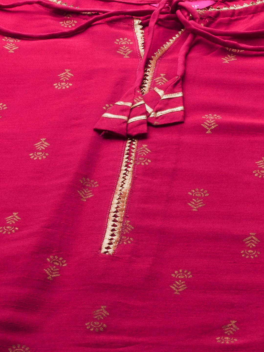 Ethnic Foil Printed & Gota Embroidered Kurta - Magenta Pink - Indiakreations