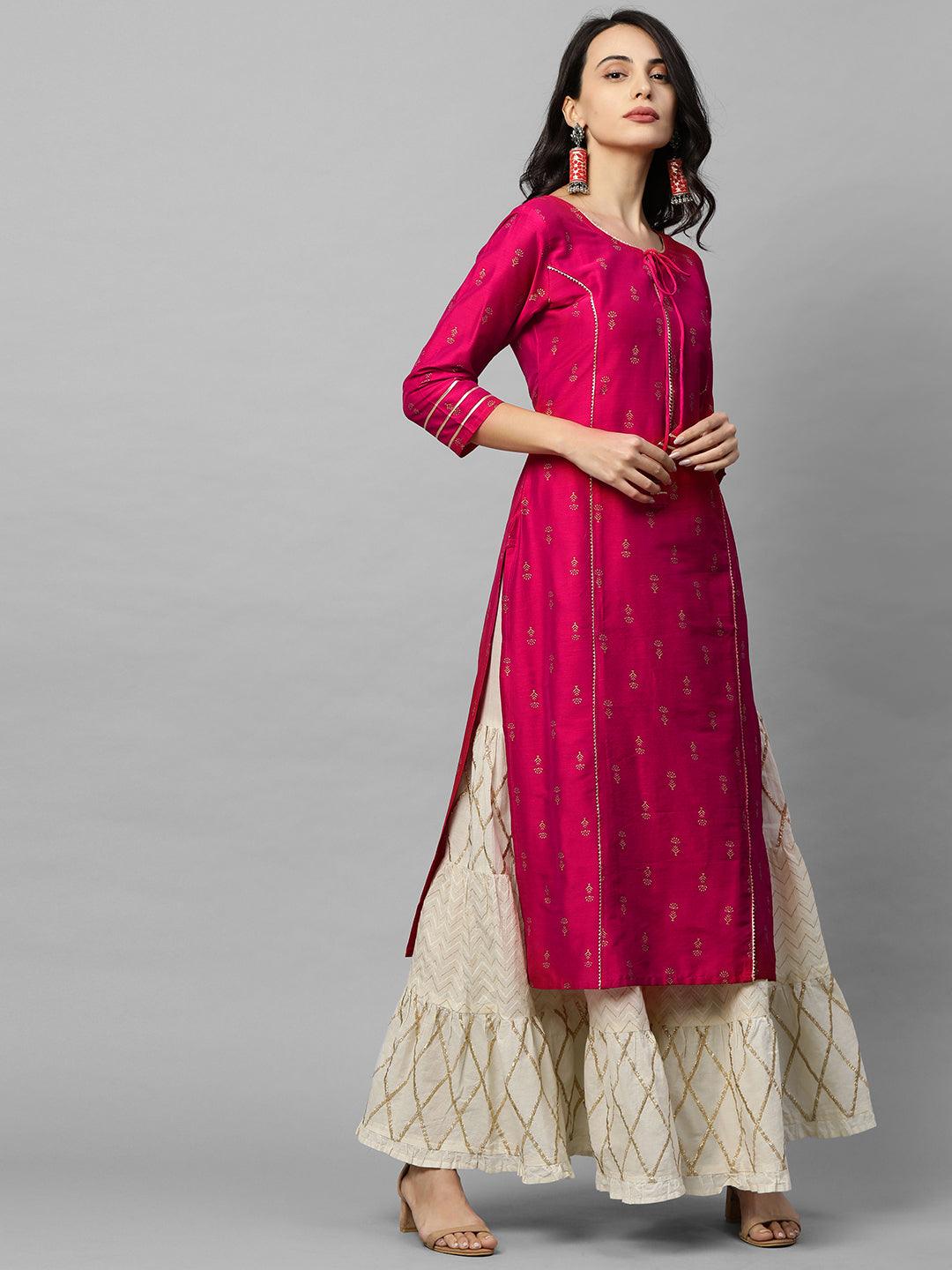 Ethnic Foil Printed & Gota Embroidered Kurta - Magenta Pink - Indiakreations