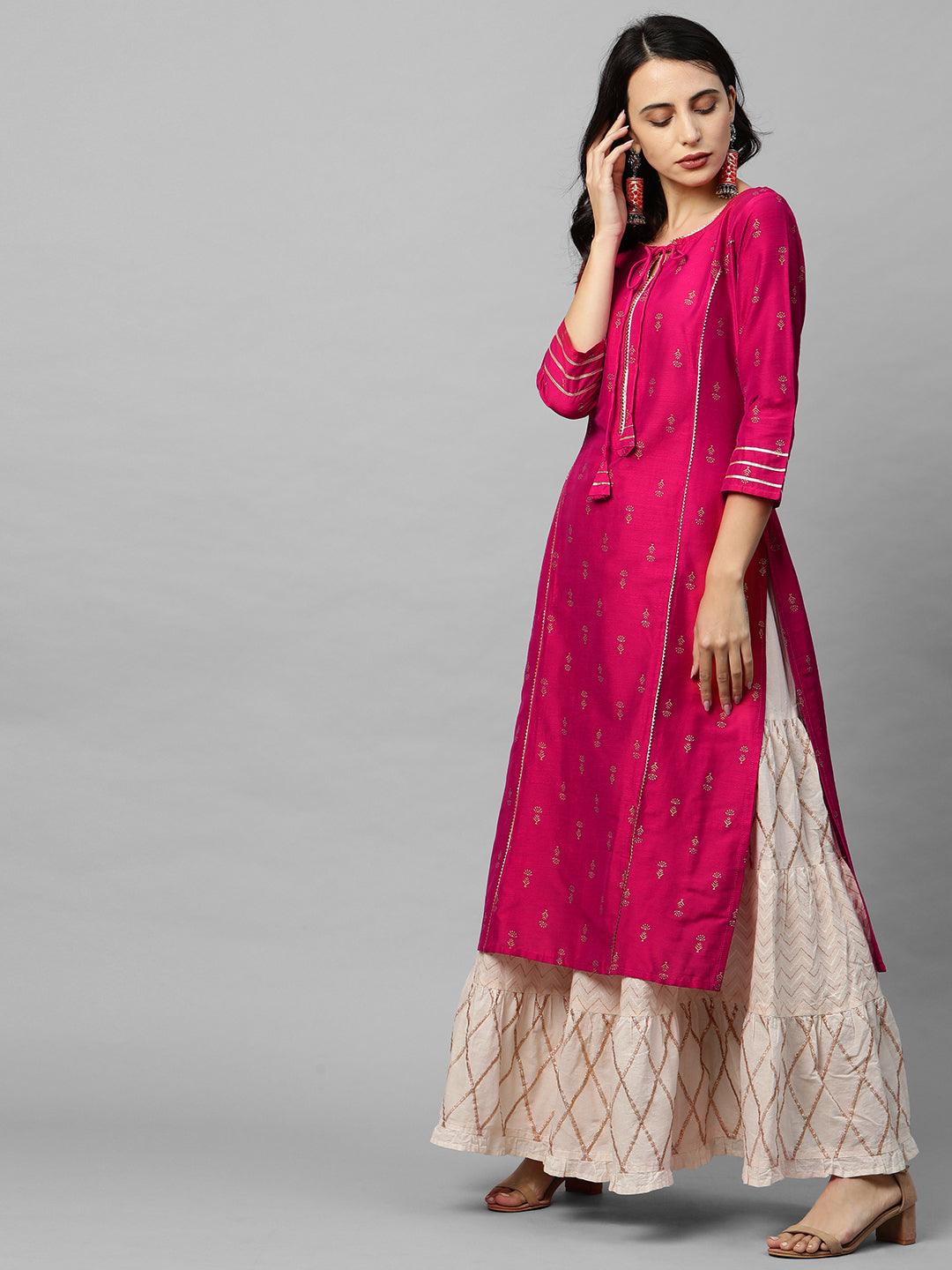 Ethnic Foil Printed & Gota Embroidered Kurta - Magenta Pink - Indiakreations