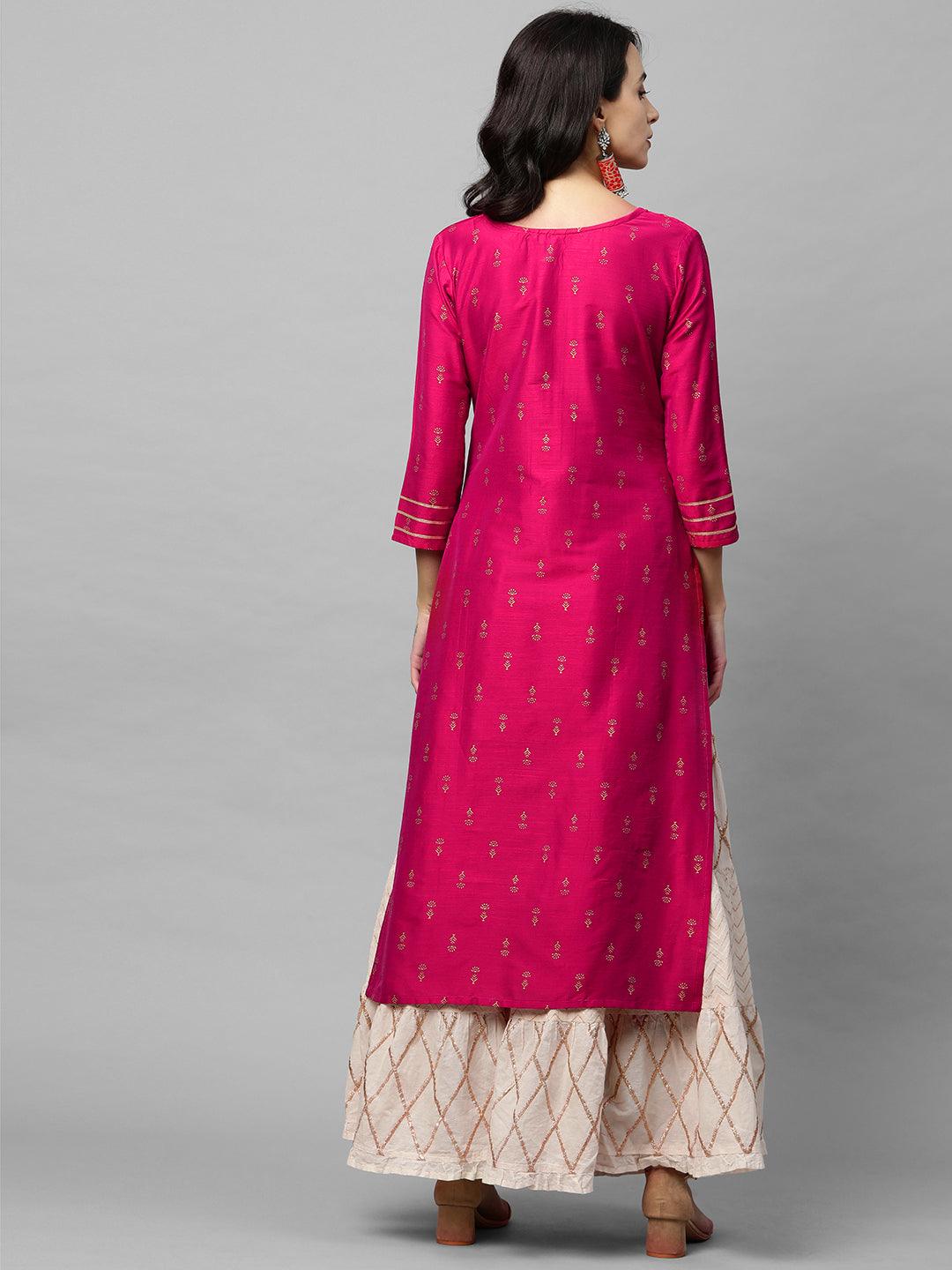 Ethnic Foil Printed & Gota Embroidered Kurta - Magenta Pink - Indiakreations