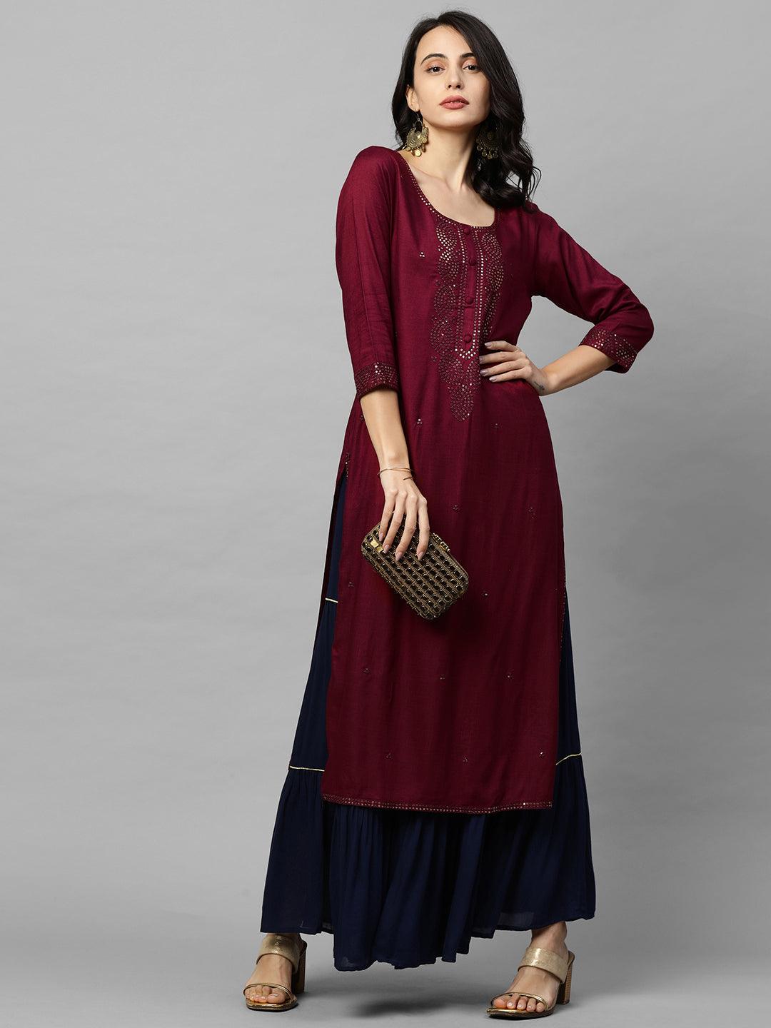 Ethnic Sequins Embroidered Straight Kurta - Burgundy - Indiakreations