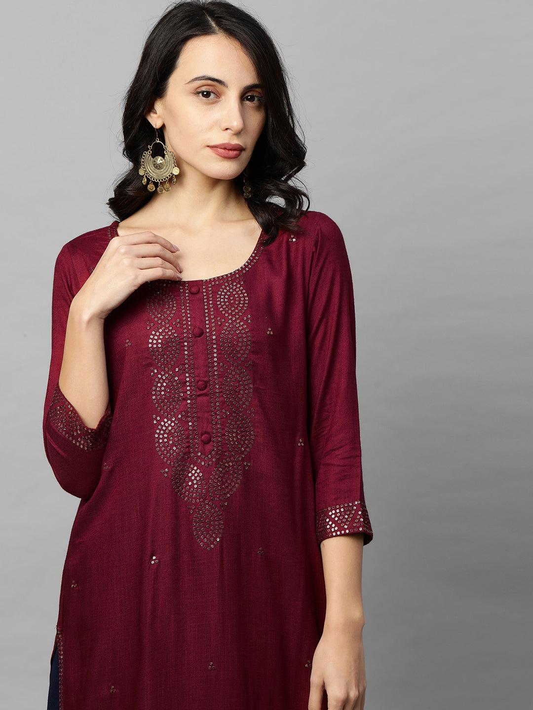 Ethnic Sequins Embroidered Straight Kurta - Burgundy - Indiakreations