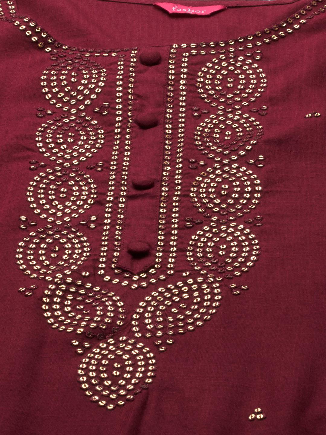 Ethnic Sequins Embroidered Straight Kurta - Burgundy - Indiakreations