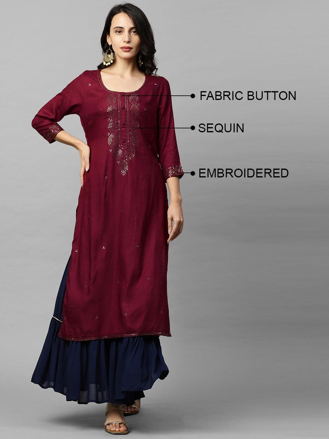 Ethnic Sequins Embroidered Straight Kurta - Burgundy - Indiakreations