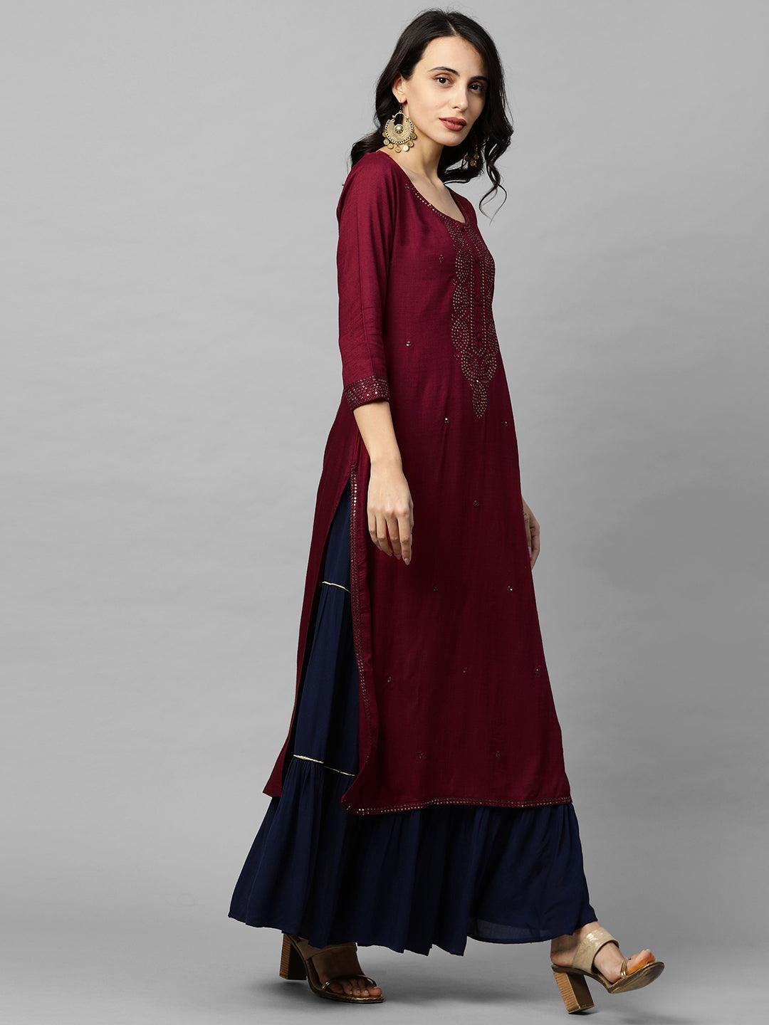 Ethnic Sequins Embroidered Straight Kurta - Burgundy - Indiakreations