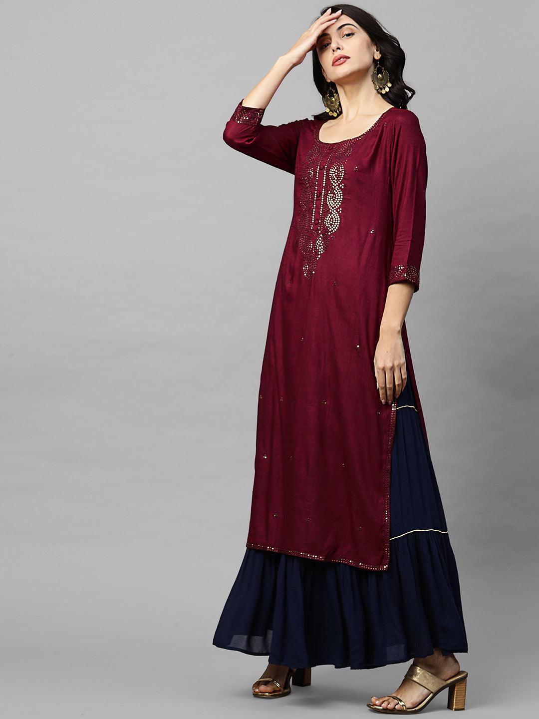 Ethnic Sequins Embroidered Straight Kurta - Burgundy - Indiakreations